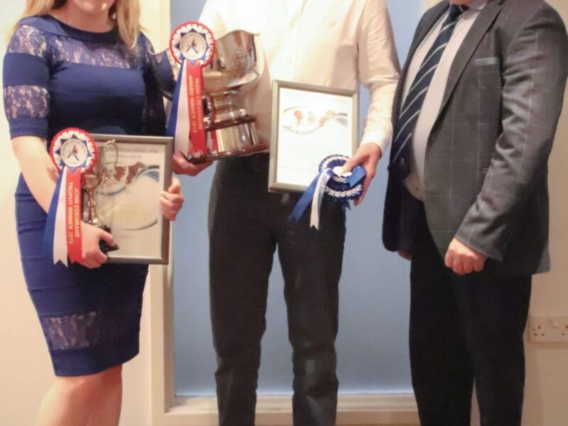 Hugh Stevenson and John Cochrane trophy winners Jake Sayer and Megan Stratton with Society President Keith Davidson
