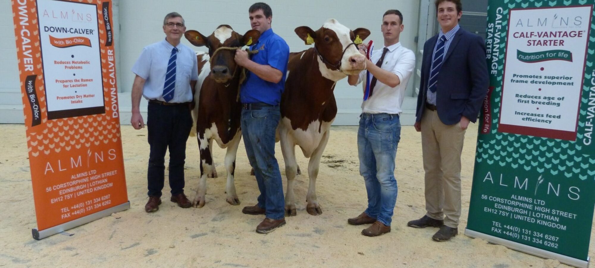 l/r Arthur Lawrie representing sponsor Almins, Reserve Champion led by Micheal Armstrong, Champion led by Grant Gilliland, John Smith (judge)