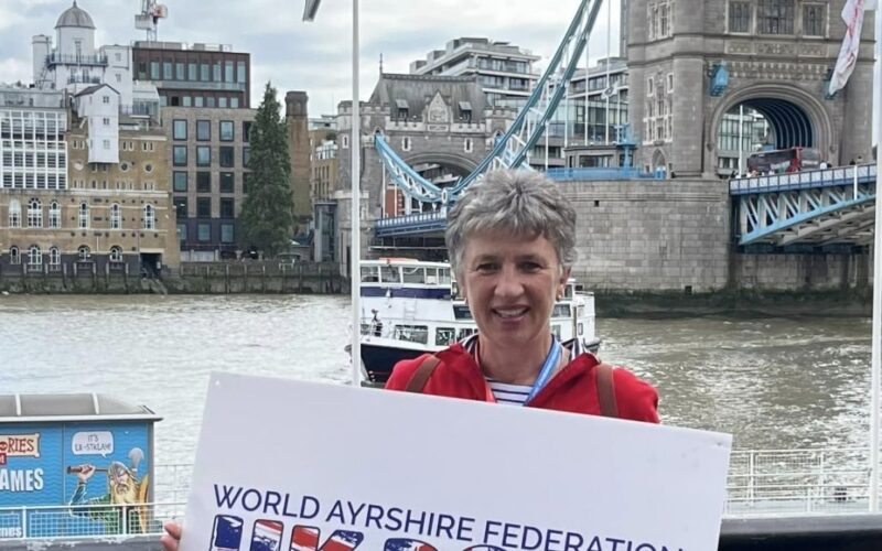 One of our wonderful bus couriers, Jane Barnes at Tower Bridge, London, the beginning of the tour.