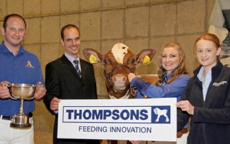 Michael Hunter, left, Crumlin, owned the Ayrshire champion Ardmore Orphan 117, exhibited by Sarah Jones. Adding their congratulations are judge Michael Broadley, Derbyshire; and sponsor Denise Rafferty, Thompsons.