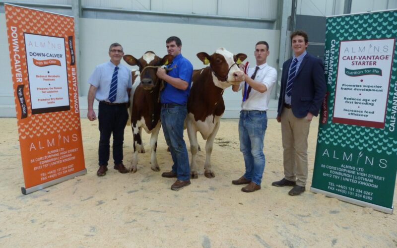 l/r Arthur Lawrie representing sponsor Almins, Reserve Champion led by Micheal Armstrong, Champion led by Grant Gilliland, John Smith (judge)